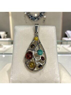 Teardrop Sterling Silver Pendant W/ Multi-Color Amber Stones & Turquoise Accent